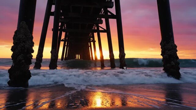 Dramatic ocean waves crashing beneath a wooden pier at sunrise with colorful sky and reflective water
