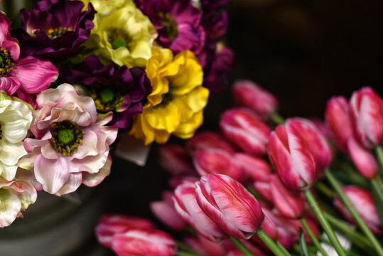 A bouquet of tulips and bright, colorful flowers. Spring flowers. Spring floral background.