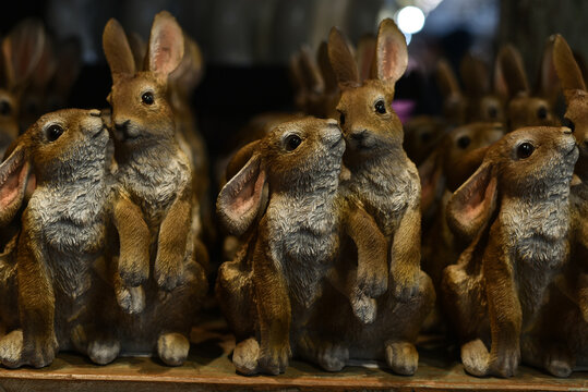 Easter holiday. Decorative Easter bunnies at the decor store.