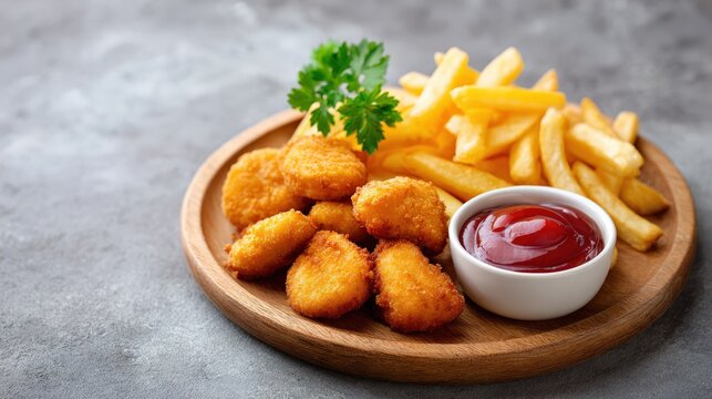 Chicken nuggets french fries with ketchup serving fast food, copy space