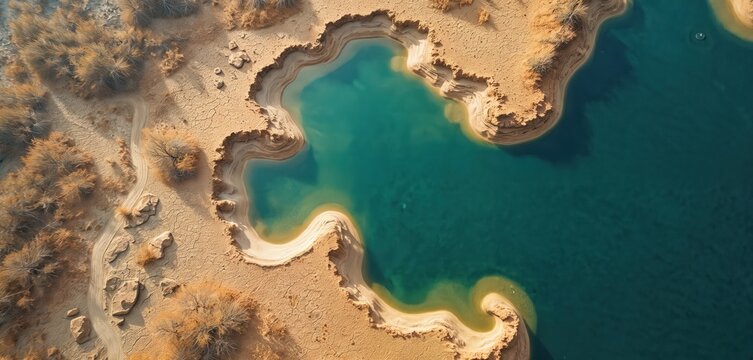 Aerial view shows dry cracked earth bordering a shrinking turquoise lake. Arid landscape with sparse vegetation and sand reveals severe drought conditions impacting water sources globally.
