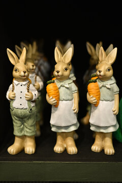 Easter holiday. Decorative Easter bunnies at the decor store.