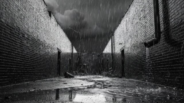 Rain and Lightning Strike in an Alleyway Between Brick Buildings, Stormy Weather Atmosphere, Dramatic Black and White Scene