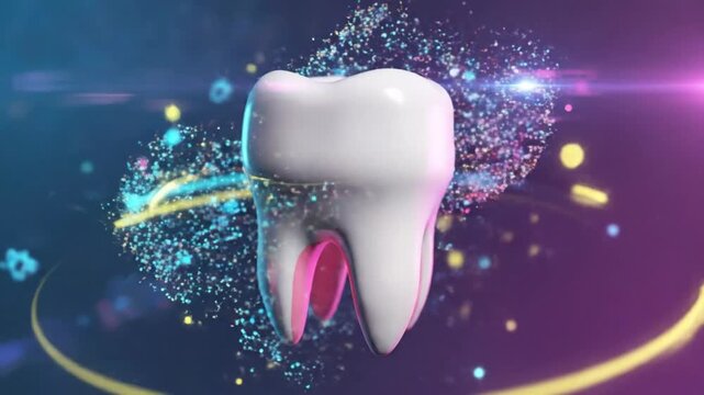 Realistic 3D animated molar tooth with colorful light effects and animated particles on a dark gradient background