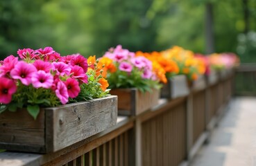 Fototapeta premium Colorful flowers in wooden boxes line a deck railing outdoors. Bright petunias and other blossoms create a vibrant summer scene. Green trees form a soft backdrop for this garden display.