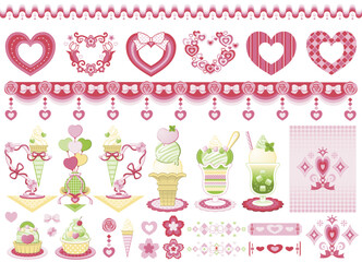 Fototapeta premium ハート装飾イラスト図案デザインセット「ハートモチーフとメロン味のスイーツ」ピンクとライトグリーン（Heart-shaped decorative illustration design set 