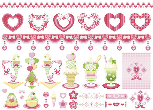 ハート装飾イラスト図案デザインセット「ハートモチーフとメロン味のスイーツ」ピンクとライトグリーン（Heart-shaped decorative illustration design set "Heart motif and melon-flavored sweets" Pink and light green）
