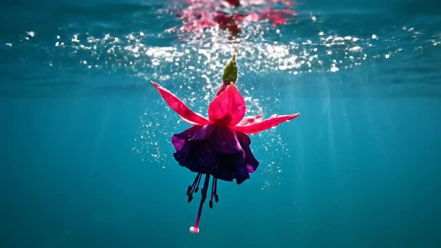 Bright magenta and purple fuchsia flower slowly submerges underwater with light rays creating a beautiful scene