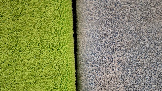 Close-up of two different colored microfiber shag rugs. Vibrant lime green texture contrasts with soft light blue-grey pile. Fluffy, absorbent material used for modern bathroom mats and home textiles