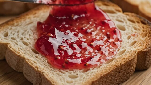Spreading vibrant red raspberry jam on a slice of toasted bread for breakfast or a snack in close-up