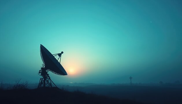 Large satellite dish silhouette at dawn. Radio telescope points skyward. Sun rises, casting faint light. Remote communication tower stands in distance.