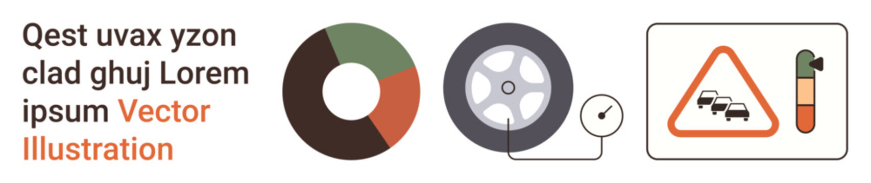 Automotive safety, transportation analysis, vehicle monitoring, data visualization, traffic alerts, tire pressure. A pie chart, tire pressure gauge and traffic warning sign. Automotive safety