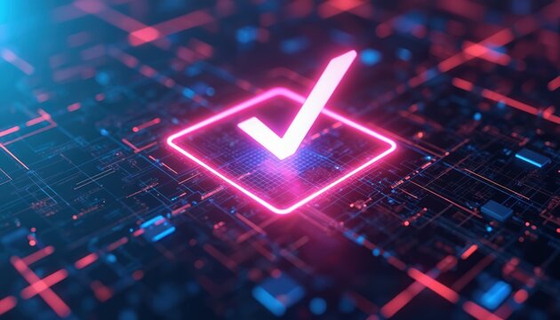 Digital check mark on glowing neon square grid. Abstract cyber tech background with circuits, blue and pink lights. Data validation success, approval, confirmation. Modern AI interface concept.