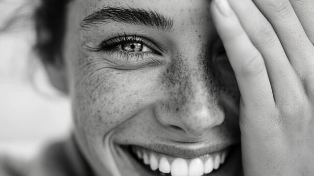 closeup biracial woman smiling with hand, freckled skin and green eyes, candid laughter, soft natural light, subtle makeup, visible skin texture and pores,