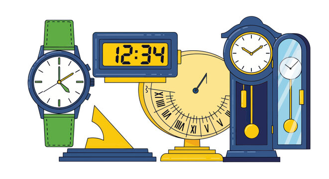 Collection of Diverse Timekeeping Devices: Clocks, Watches, Sundial, Digital Display