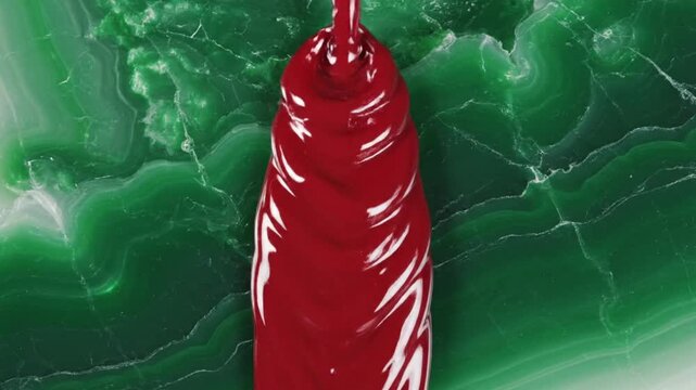 Luxurious red liquid flows onto a swirling green gemstone surface, abstract art and textures