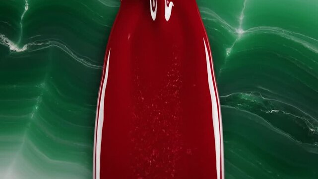 Red nail polish droplet glides onto a textured green and white stone surface with soft light and reflections