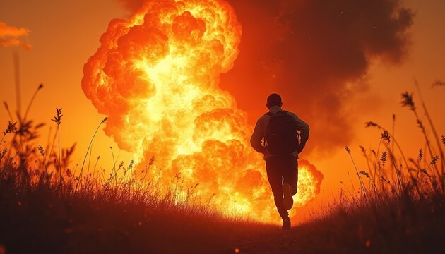 Man runs from huge fire explosion on orange sky. Silhouette with backpack flees disaster, speed and urgency in his motion. Grass and plants frame intense action against sunset background.