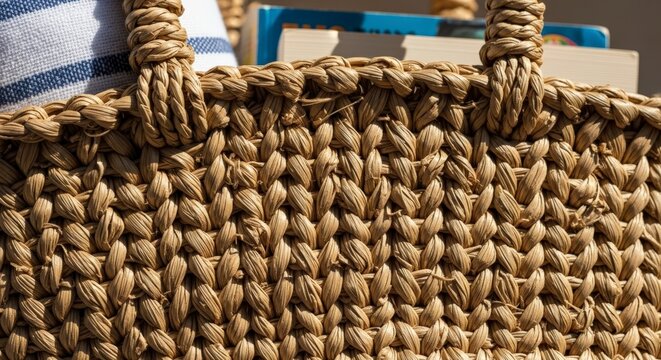 Close-up of woven straw tote bag.
