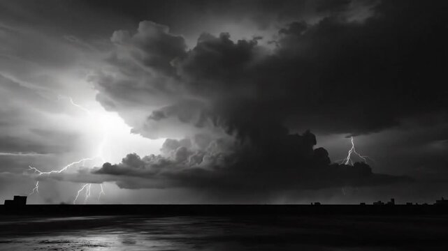 Epic Thunderstorm with Lightning Flashes over Buildings and Dark Landscape in Black and White