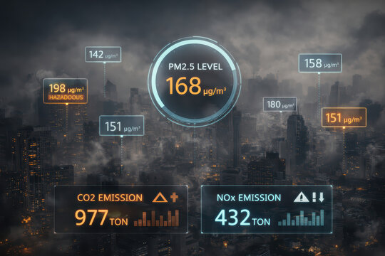 Air pollution data visualization over cityscape showing PM2.5 levels, hazardous air quality, CO2 and NOx emissions, and particulate matter concentration micrograms per cubic meter, creating somber