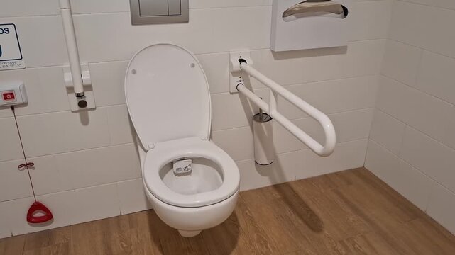 Interior of modern public restroom for people with disabilities. Clean white toilet with grab bars, emergency SOS pull cord, paper dispenser. Toilet room with essential safety equipment