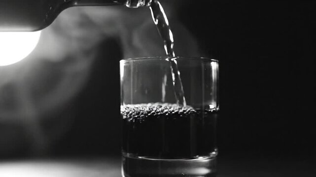 Black and white video of a liquid being poured from a glass bottle into a glass with bubbles