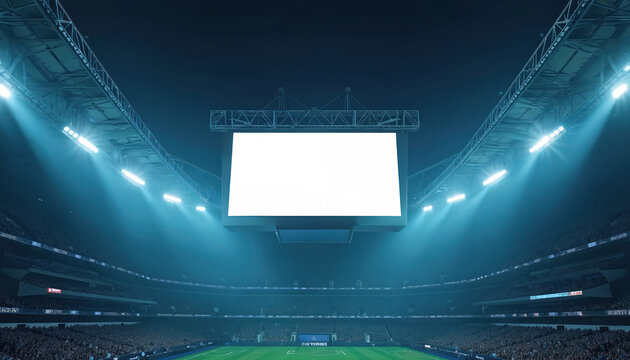 Stadium scoreboard displays blank white screen under bright arena lights. Modern empty sports venue ready for event, game or show. Copy space for text and graphics.