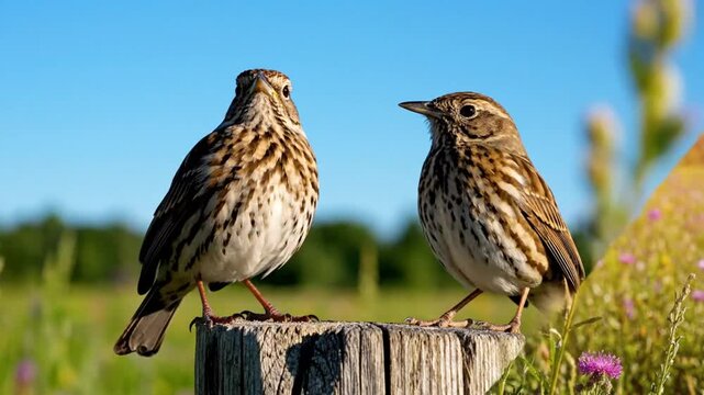 Two song thrushes perched on a wooden post in a blooming meadow with a clear blue sky on a sunny day