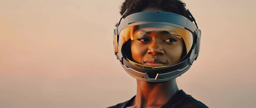 Futuristic woman wearing reflective helmet in cinematic lighting, ultra wide 21:9 video for sci-fi, technology and identity concepts.