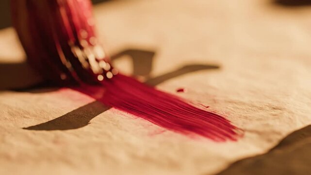 Close-up of a calligraphy brush creating a red stroke on antique paper with traditional asian symbol