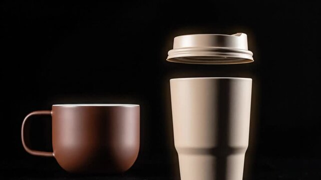 Creative coffee cup and travel mug with lid floating against a black background, studio shot