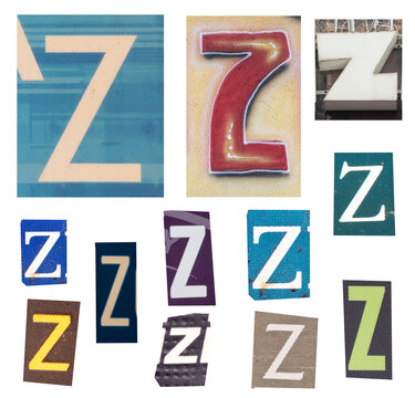 Letter Z Collage: Colorful Alphabet Typography and Urban Signage Textures in Various Styles
