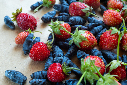 Blue honeysuckle berries and wild strawberries on light background, fresh organic superfood, healthy nutrition concept, antioxidant fruits, natural food texture