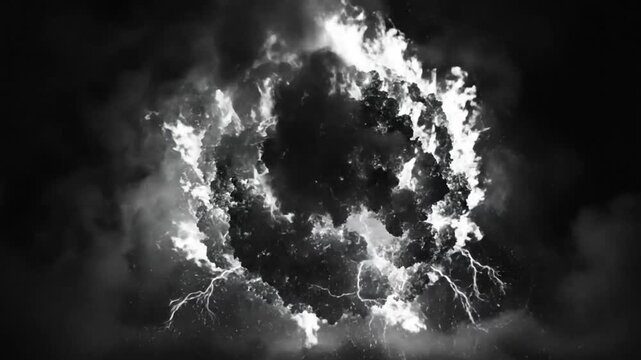Epic explosion reveals bright light and shockwave with electric bolts against dark cloudy sky in dramatic monochrome