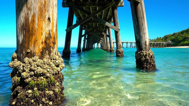 Low angle view beneath wooden pier with clear turquoise water and bright blue sky on sunny day
