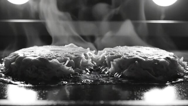 Close-up of a hash brown cooking in a pan with sizzling oil and rising steam, monochrome.