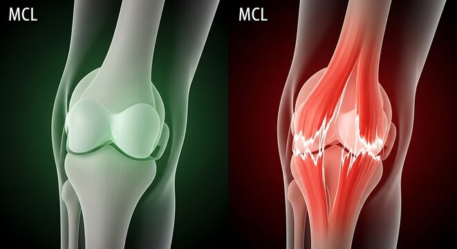 Knee joint internal view with muscles and bone anatomy ligaments MCL ligament strain