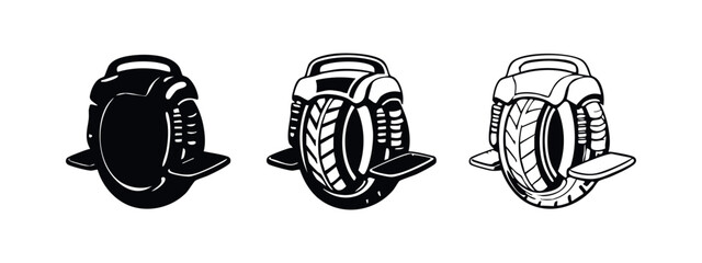 Electric unicycle icon set. Personal mobility device, self-balancing transporter. © liubomir118809
