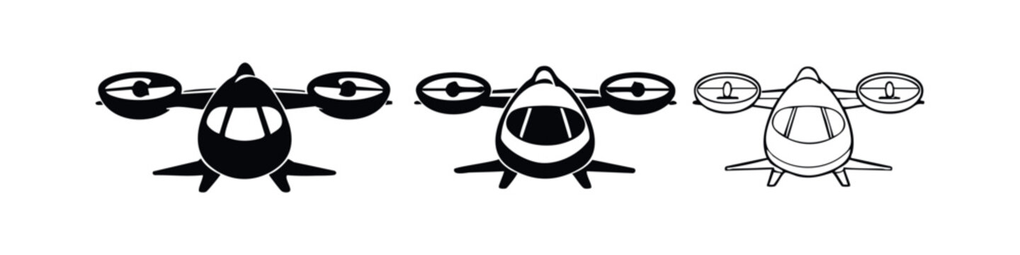 Futuristic VTOL aircraft icon set. Sleek flying car concept, air mobility solution.