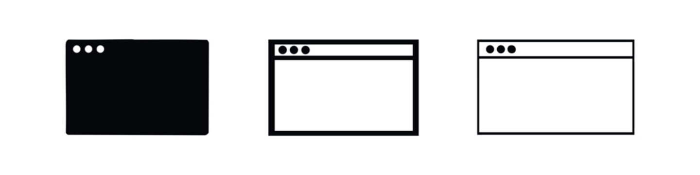 Browser window icon set. Web page, application, internet interface symbol in different styles. Vector illustration.
