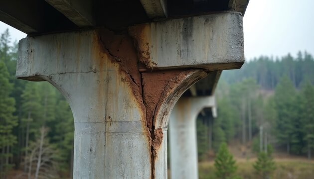 Concrete bridge support shows significant cracking rust and deterioration. Structural integrity is compromised due to rebar corrosion and weathering in an outdoor environment.