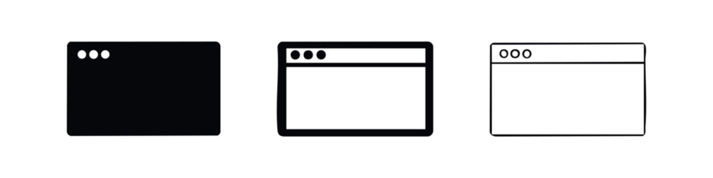 Browser window icon set. Web page, application, internet interface symbol in different styles. Vector illustration.