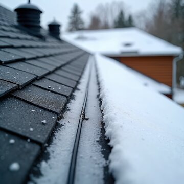 Electric cable on house roof melts snow and ice. Deicing system installed on shingles prevents ice dams. Heating wire kepic gutters clear. Cold weather protection technology.