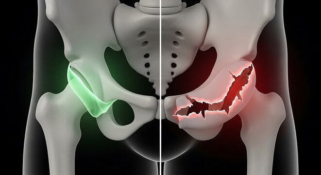 Healthy hip bone versus a fractured hip bone side by side isolated on black background