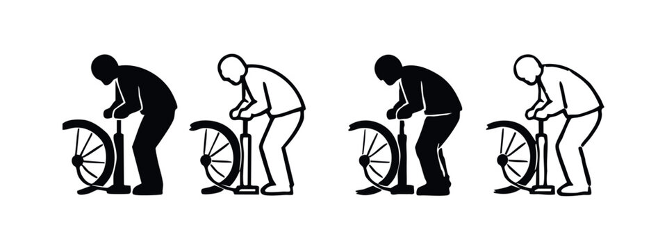 Person inflating bicycle tire with pump icon set