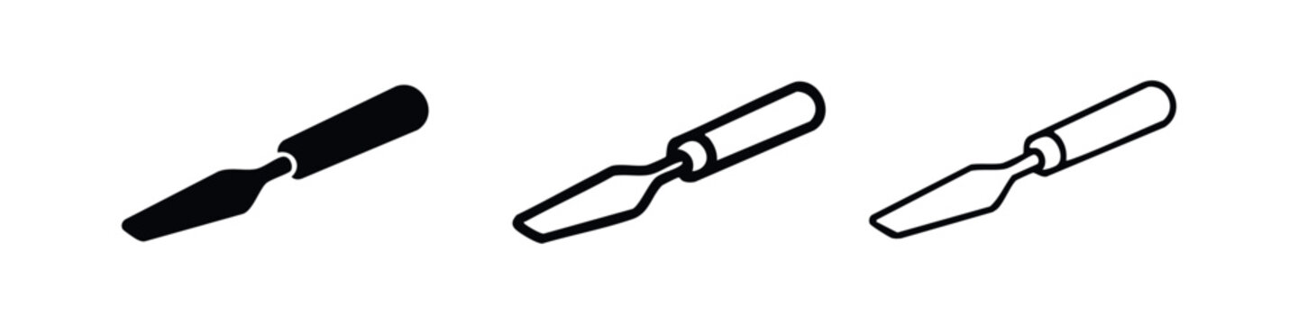 Wood chisel icon set. Carpentry hand tool isometric silhouette and outline vector illustration.