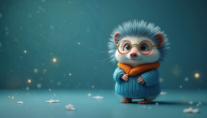 Obraz premium Cute hedgehog wearing blue sweater and orange scarf. Small animal with glasses looking at camera. Soft blue background with bokeh lights. Copy space.