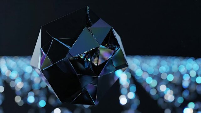 Abstract crystal geometric form rotating with shifting iridescent light, reflecting over glowing bokeh.