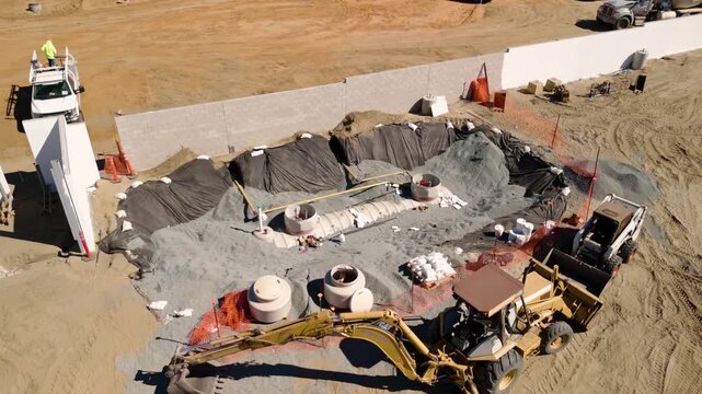 Aerial View of Automotive Dealership Construction Site with Steel Structure and Metal Roof